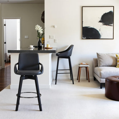 Swivel Wood Bar Chair with Black Faux Leather Seat for Counter Height
