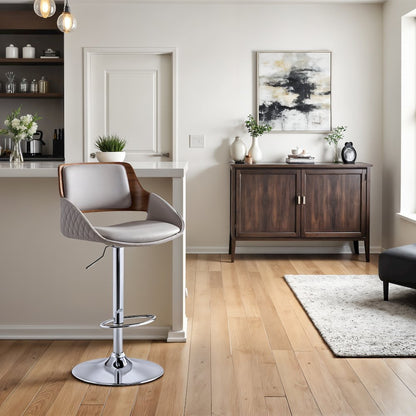 Adjustable Swivel Bar Stool in Gray Faux Leather and Chrome Finish