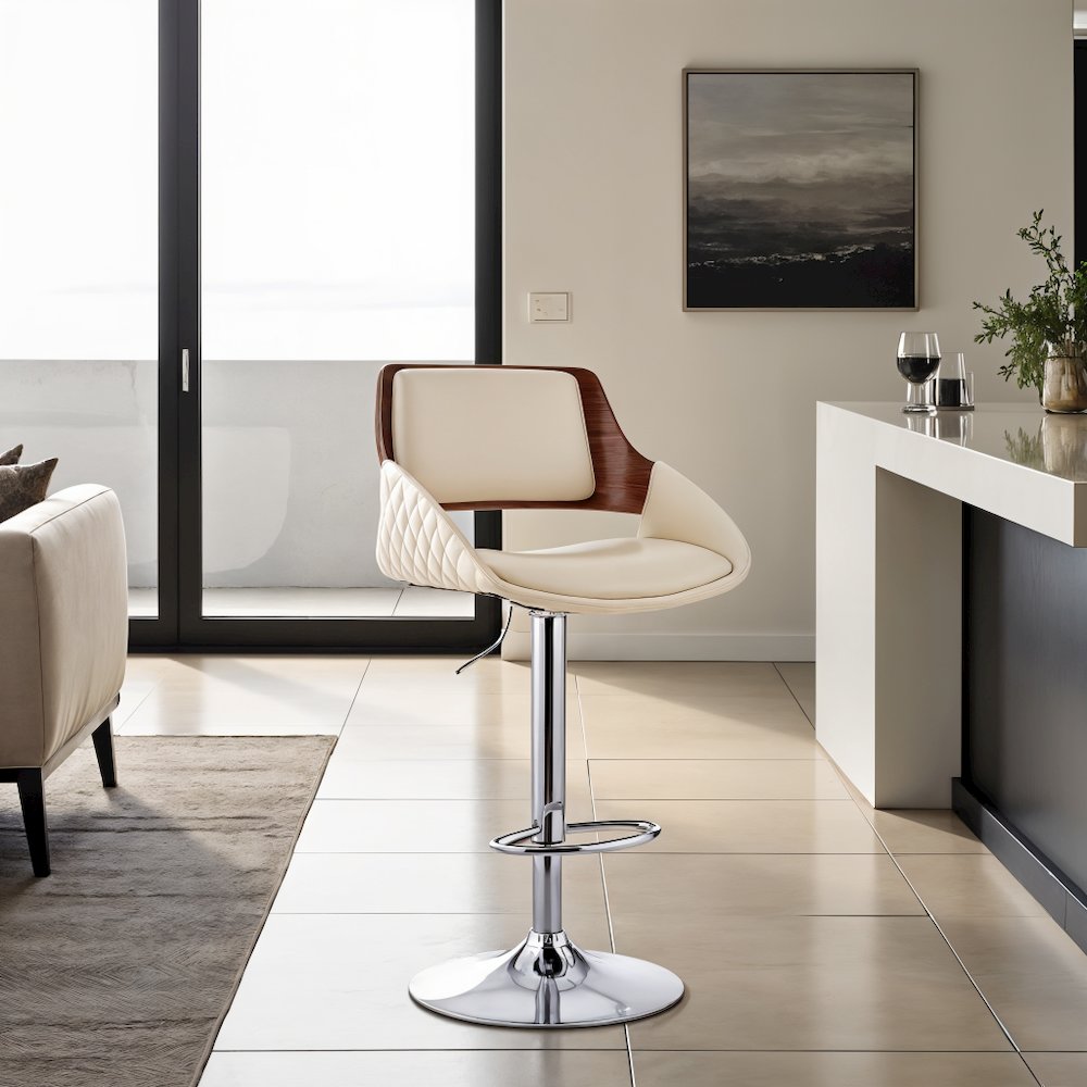Adjustable Swivel Bar Stool with Cream Faux Leather and Chrome Base