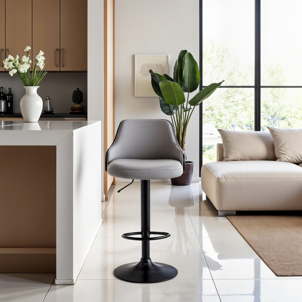 Adjustable Swivel Bar Stool with Grey Faux Leather and Black Finish