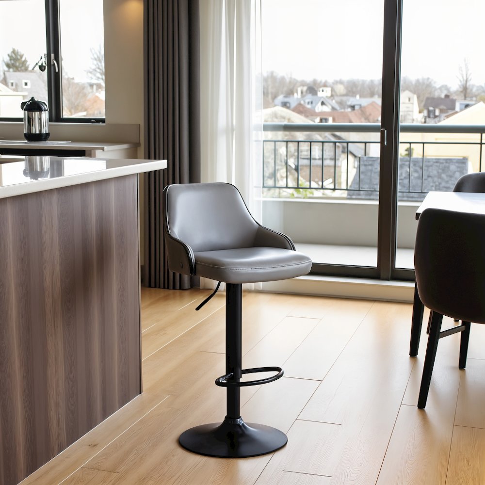 Adjustable Swivel Bar Stool with Grey Faux Leather and Black Finish