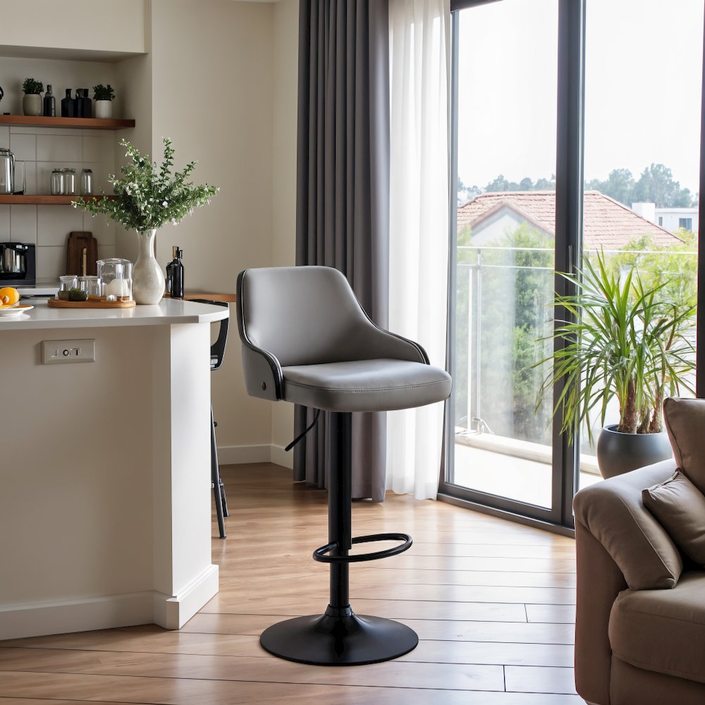 Adjustable Swivel Bar Stool with Grey Faux Leather and Black Finish