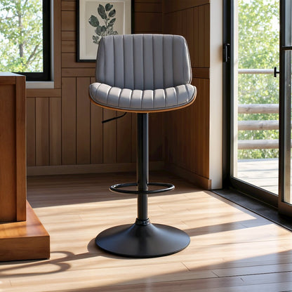 Adjustable Swivel Bar Stool with Gray Faux Leather and Walnut Wood