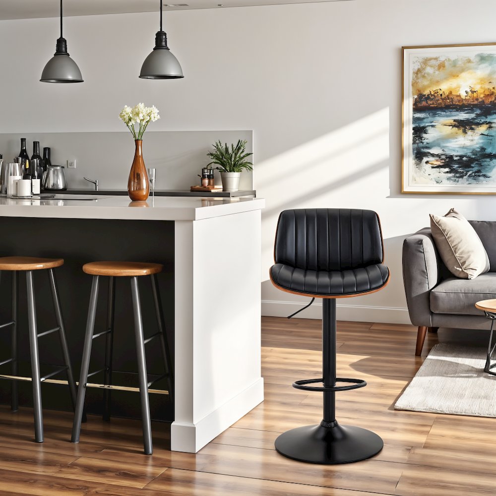Adjustable Swivel Bar Stool with Black Faux Leather and Walnut Wood Seat