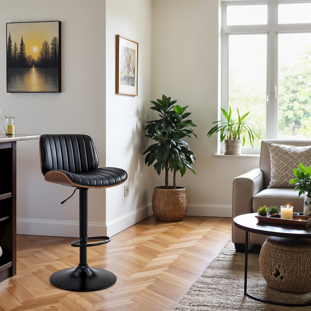 Adjustable Swivel Bar Stool with Black Faux Leather and Walnut Wood Seat