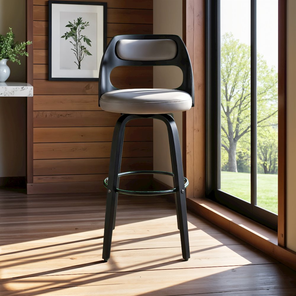 Swivel Bar Stool with Gray Faux Leather Seat and Black Wood Frame