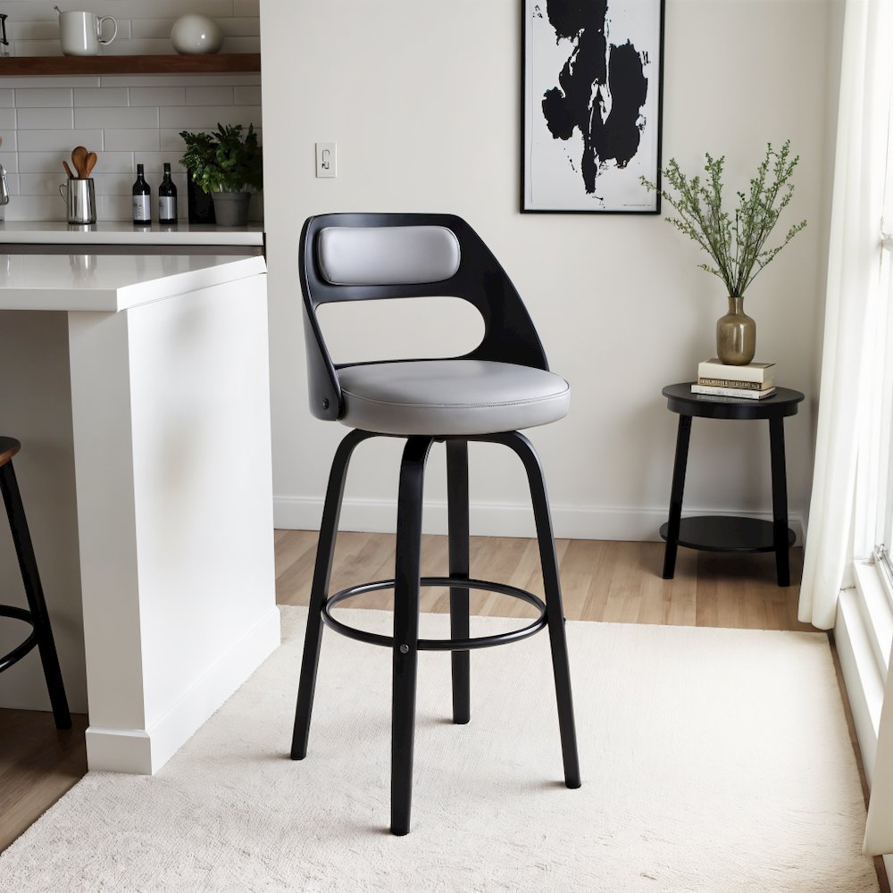 Swivel Bar Stool with Gray Faux Leather Seat and Black Wood Frame