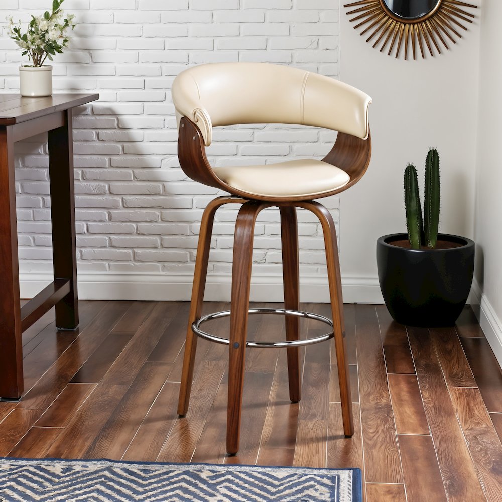 26-Inch Swivel Bar Stool in Cream Faux Leather with Walnut Wood Frame