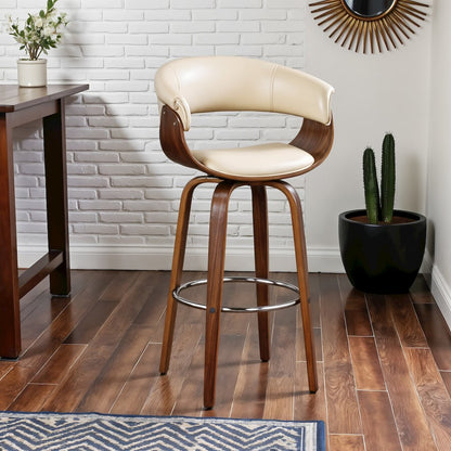 26-Inch Swivel Bar Stool in Cream Faux Leather with Walnut Wood Frame