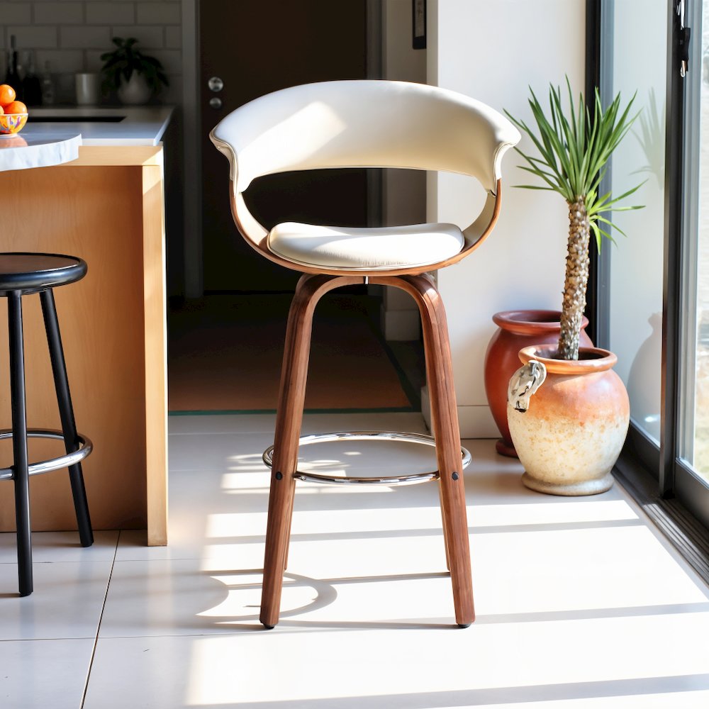 26-Inch Swivel Bar Stool in Cream Faux Leather with Walnut Wood Frame