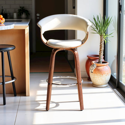 26-Inch Swivel Bar Stool in Cream Faux Leather with Walnut Wood Frame