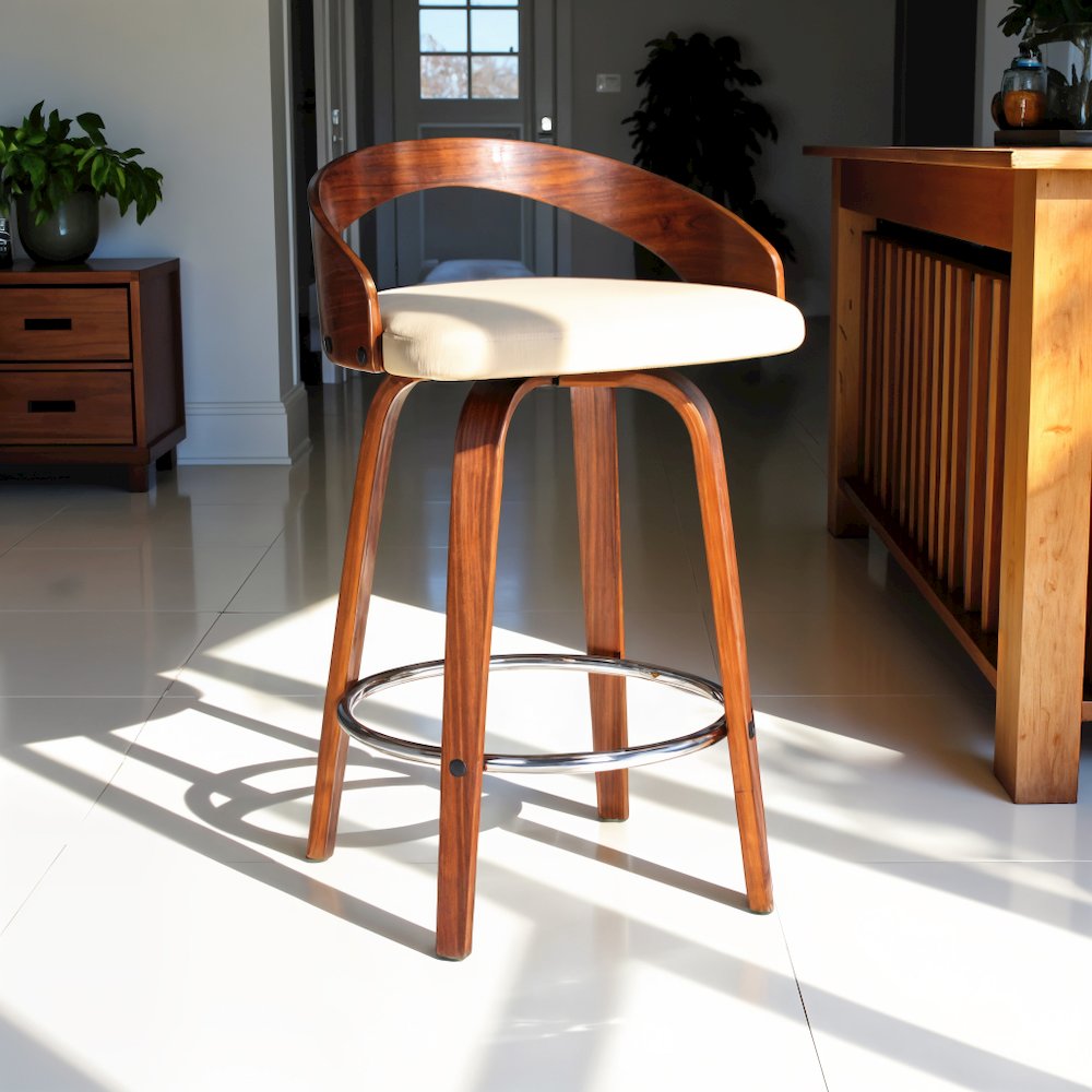 Swivel Counter Bar Stool with Cream Faux Leather and Walnut Wood Frame