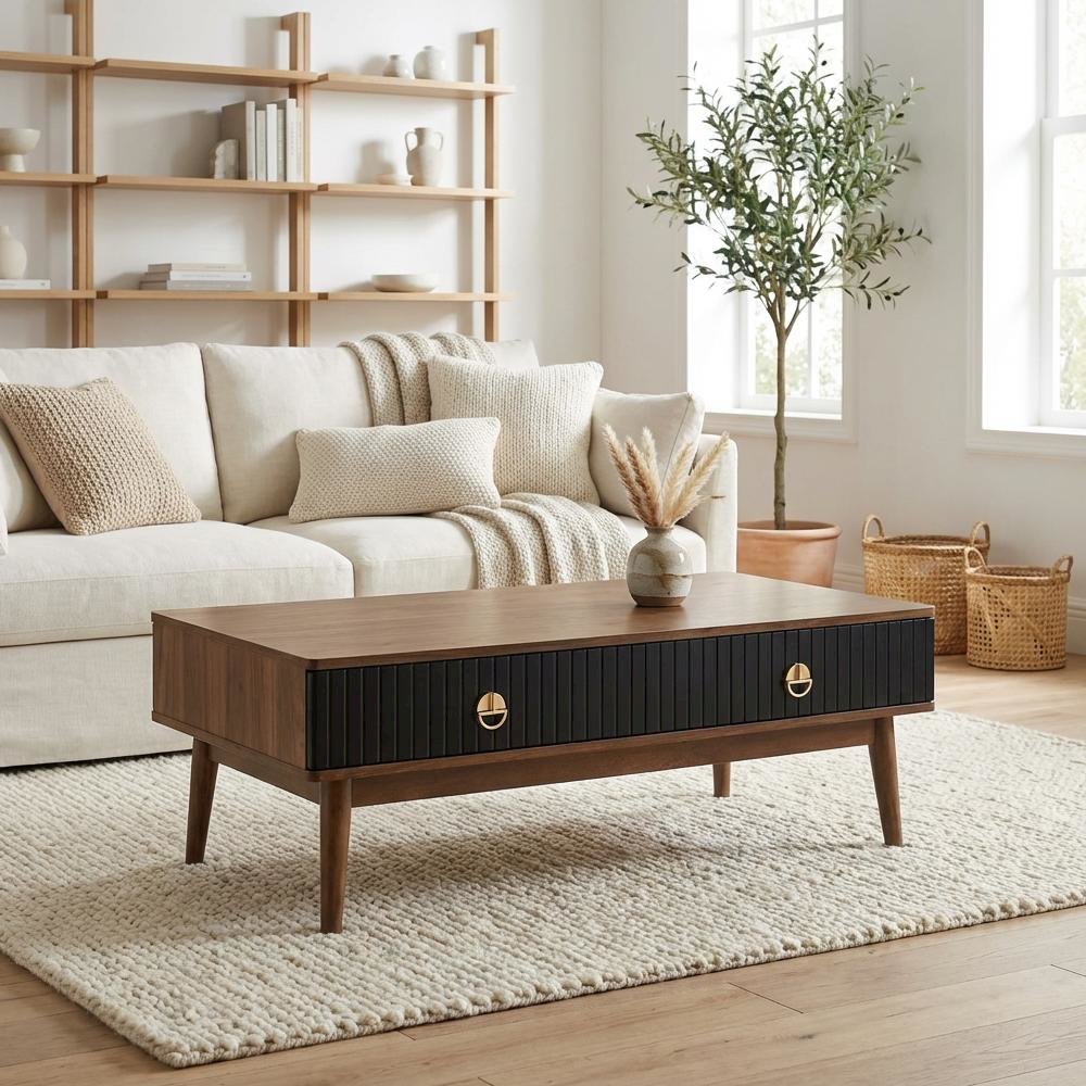 Black Veneer Coffee Table with Walnut Wood Frame and Sturdy Construction