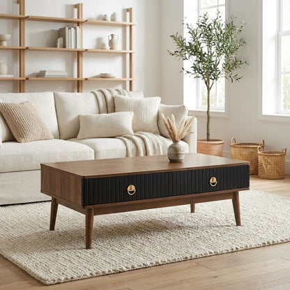 Black Veneer Coffee Table with Walnut Wood Frame and Sturdy Construction