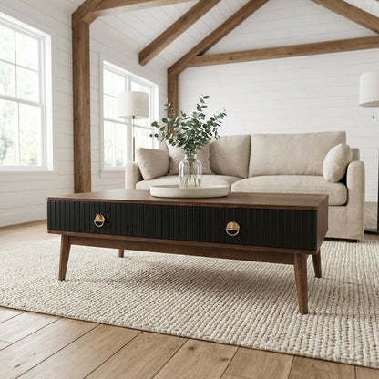Black Veneer Coffee Table with Walnut Wood Frame and Sturdy Construction