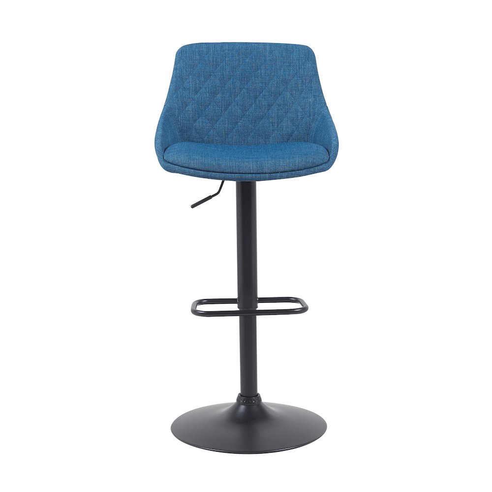 Adjustable Swivel Barstool in Black Metal Finish with Blue Upholstered Seat