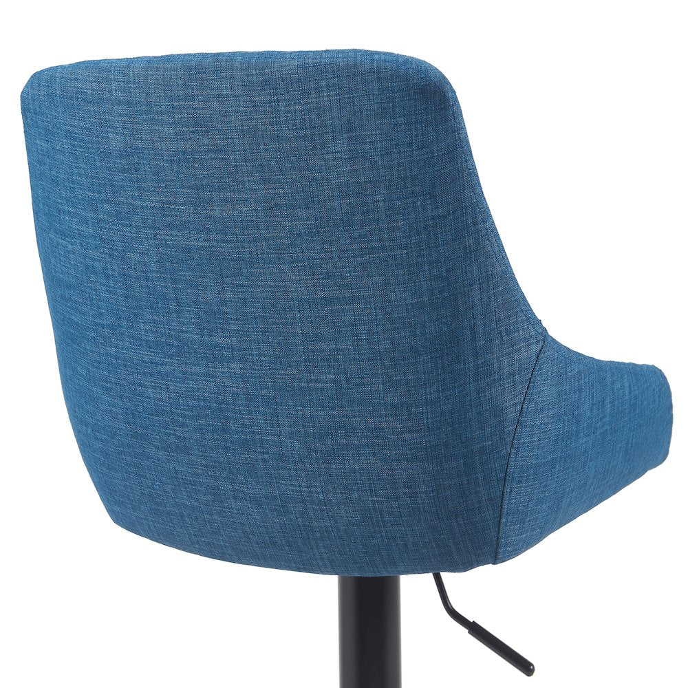 Adjustable Swivel Barstool in Black Metal Finish with Blue Upholstered Seat