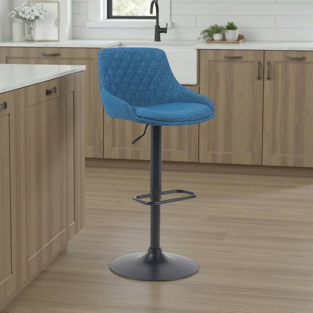 Adjustable Swivel Barstool in Black Metal Finish with Blue Upholstered Seat