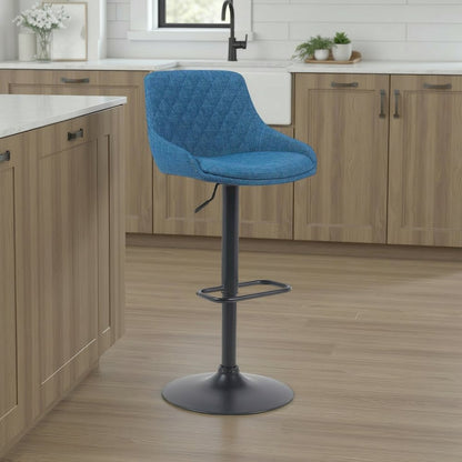 Adjustable Swivel Barstool in Black Metal Finish with Blue Upholstered Seat