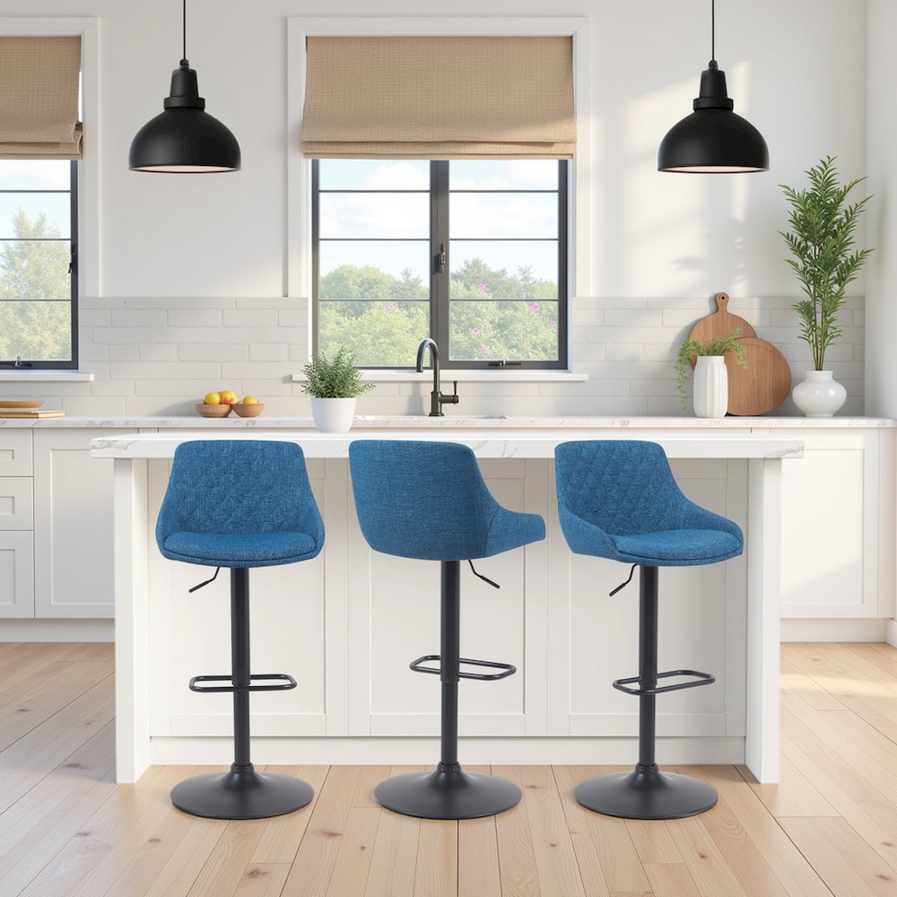 Adjustable Swivel Barstool in Black Metal Finish with Blue Upholstered Seat
