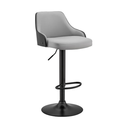 Adjustable Swivel Bar Stool with Grey Faux Leather and Black Finish