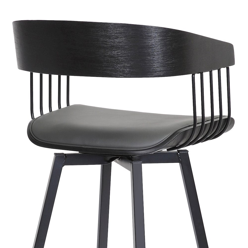 Athena Upholstered Wood Swivel Bar or Counter Stool with Black Metal