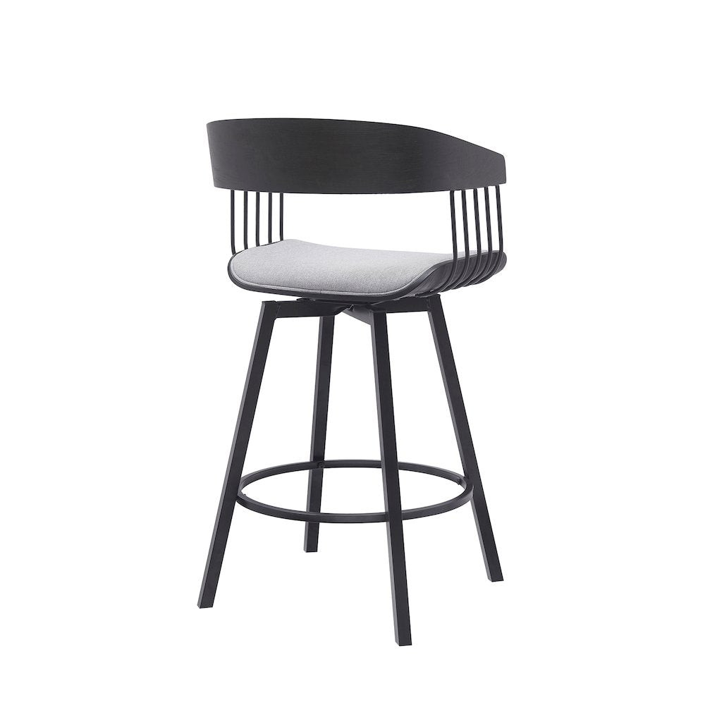 Athena Upholstered Wood Swivel Bar or Counter Stool with Black Metal