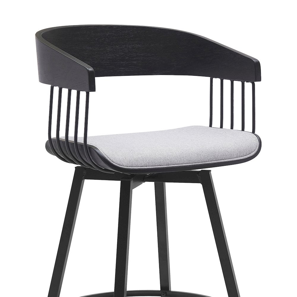 Athena Upholstered Wood Swivel Bar or Counter Stool with Black Metal