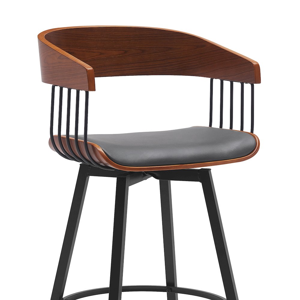 Athena Upholstered Wood Swivel Bar or Counter Stool with Black Metal