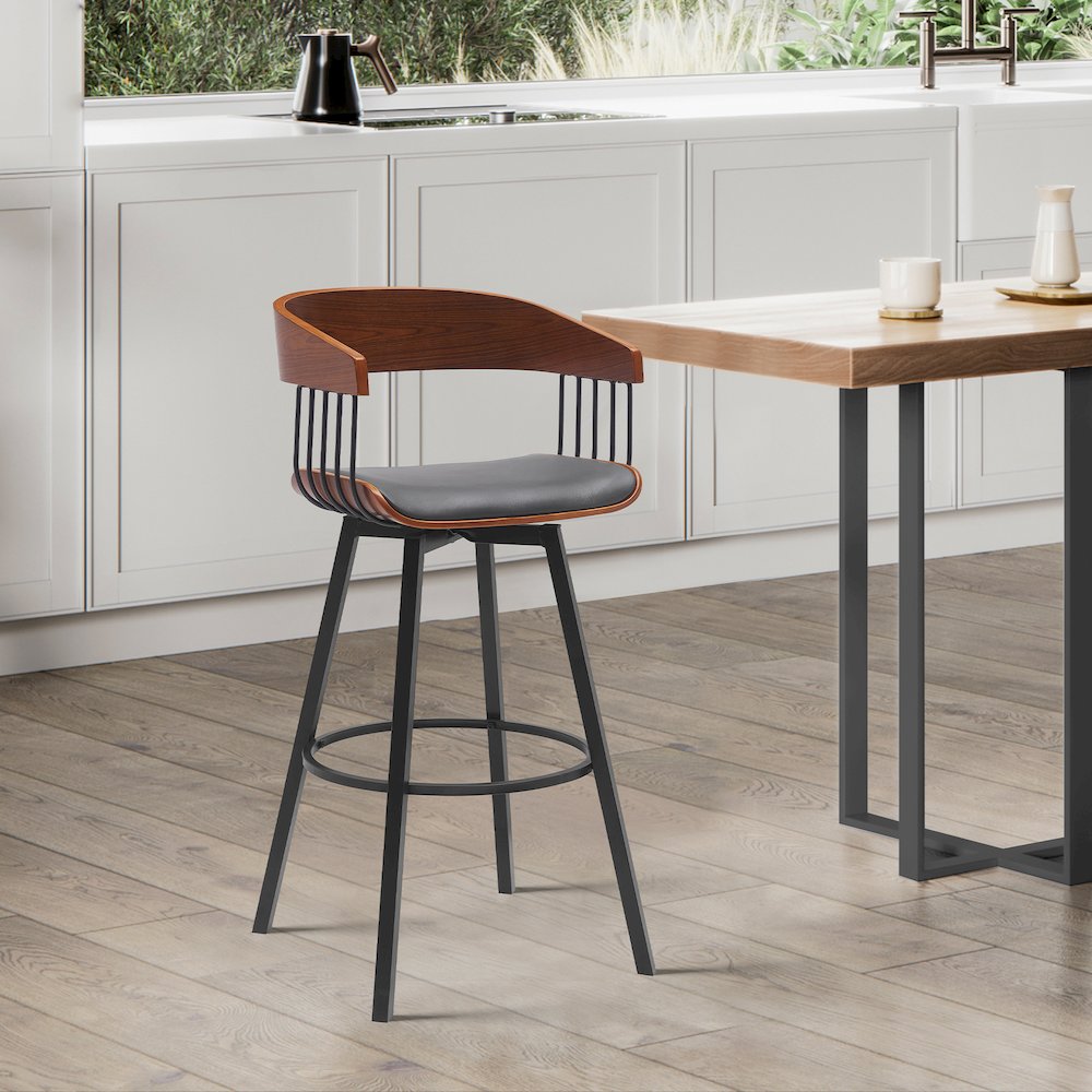 Athena Upholstered Wood Swivel Bar or Counter Stool with Black Metal