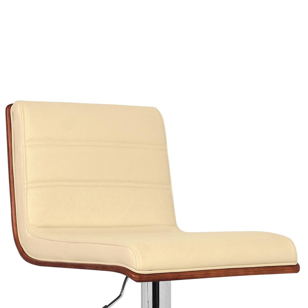 Swivel Bar Stool with Chrome Base, Cream Faux Leather, and Walnut Back