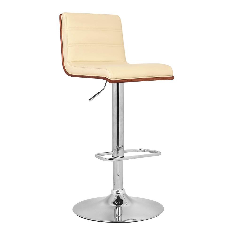 Swivel Bar Stool with Chrome Base, Cream Faux Leather, and Walnut Back