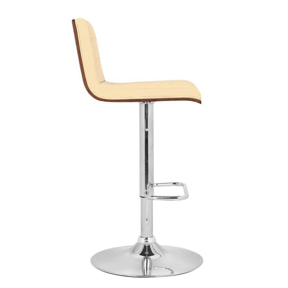 Swivel Bar Stool with Chrome Base, Cream Faux Leather, and Walnut Back