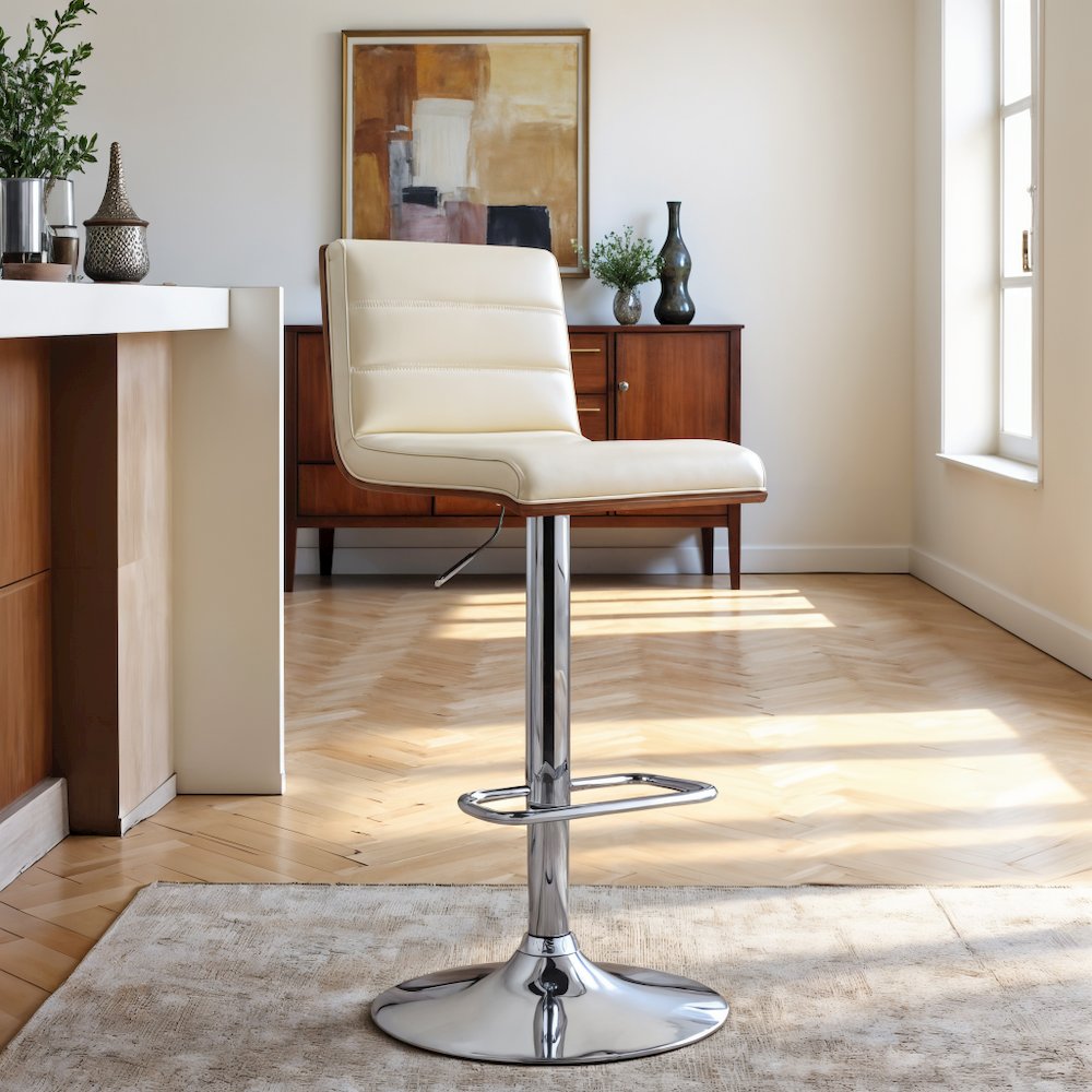 Swivel Bar Stool with Chrome Base, Cream Faux Leather, and Walnut Back