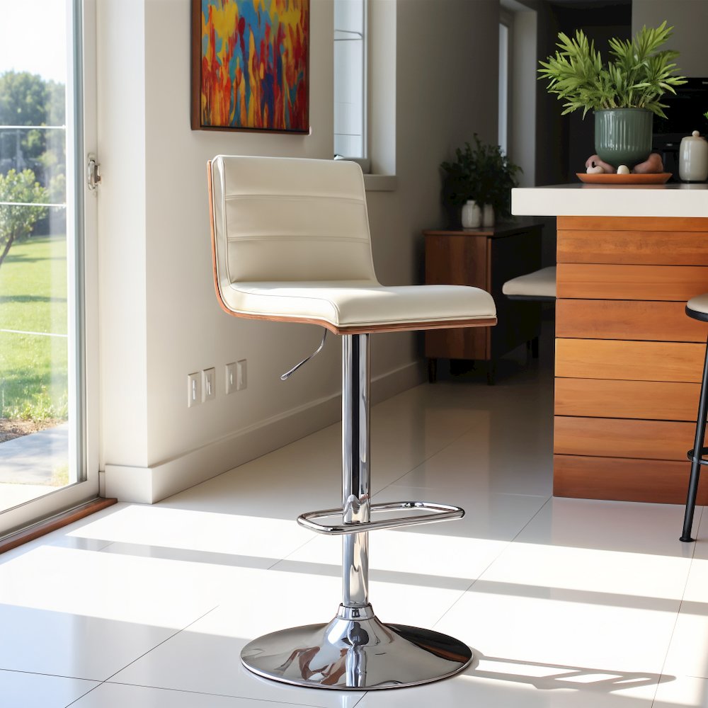 Swivel Bar Stool with Chrome Base, Cream Faux Leather, and Walnut Back