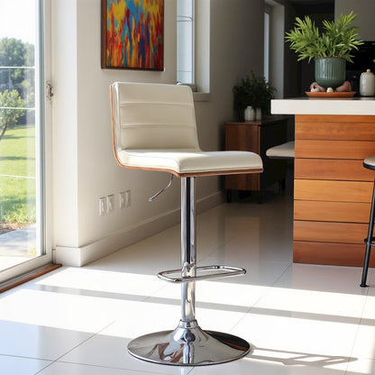 Swivel Bar Stool with Chrome Base, Cream Faux Leather, and Walnut Back