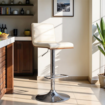 Swivel Bar Stool with Chrome Base, Cream Faux Leather, and Walnut Back