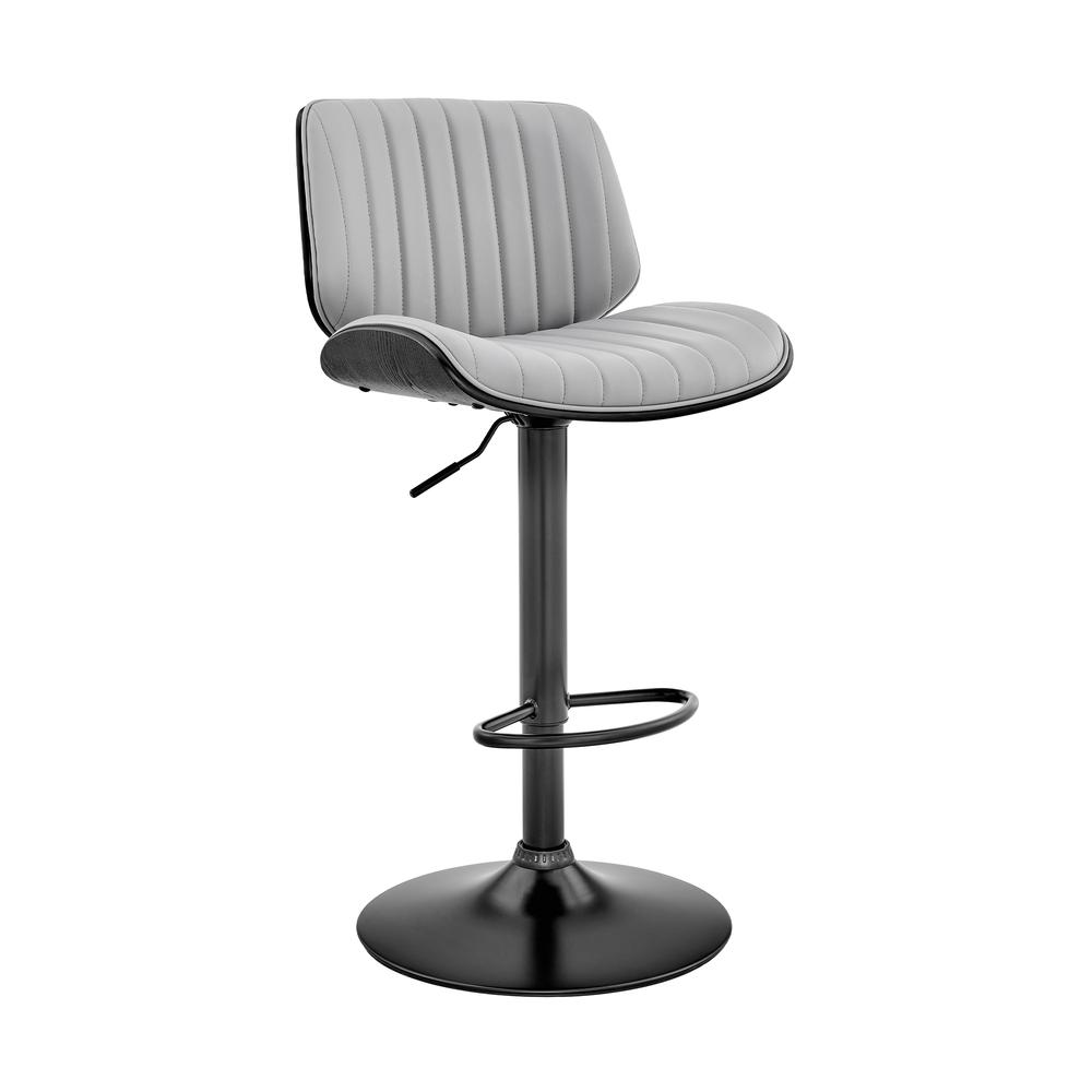 Adjustable Gray Faux Leather Bar Stool with Walnut Wood and Black Base