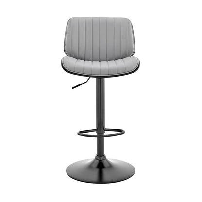 Adjustable Gray Faux Leather Bar Stool with Walnut Wood and Black Base