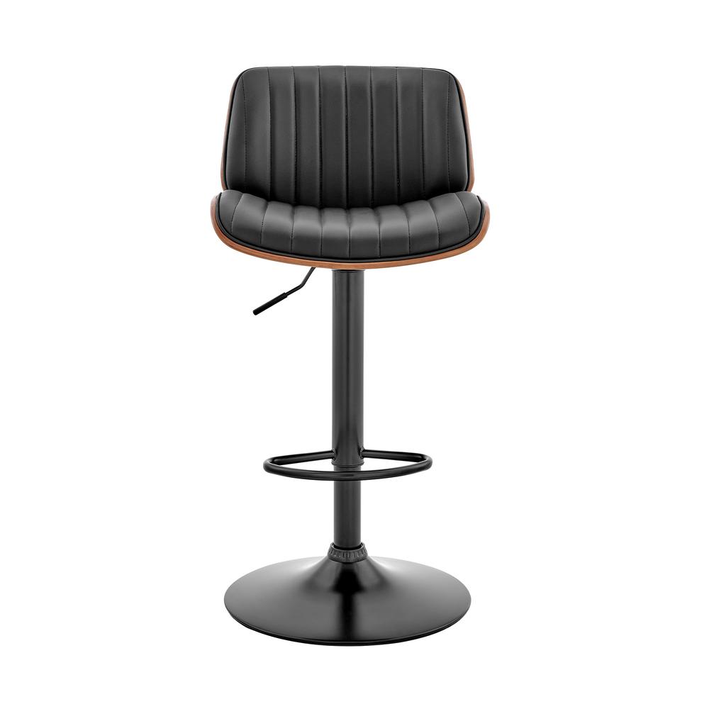Adjustable Swivel Bar Stool with Black Faux Leather and Walnut Wood Seat