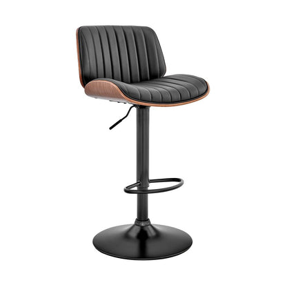 Adjustable Swivel Bar Stool with Black Faux Leather and Walnut Wood Seat