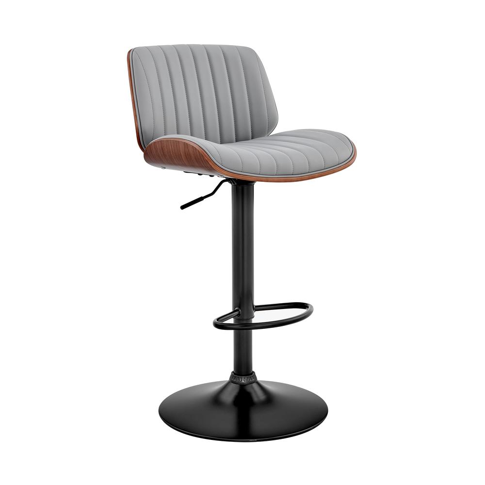 Adjustable Swivel Bar Stool with Gray Faux Leather and Walnut Wood