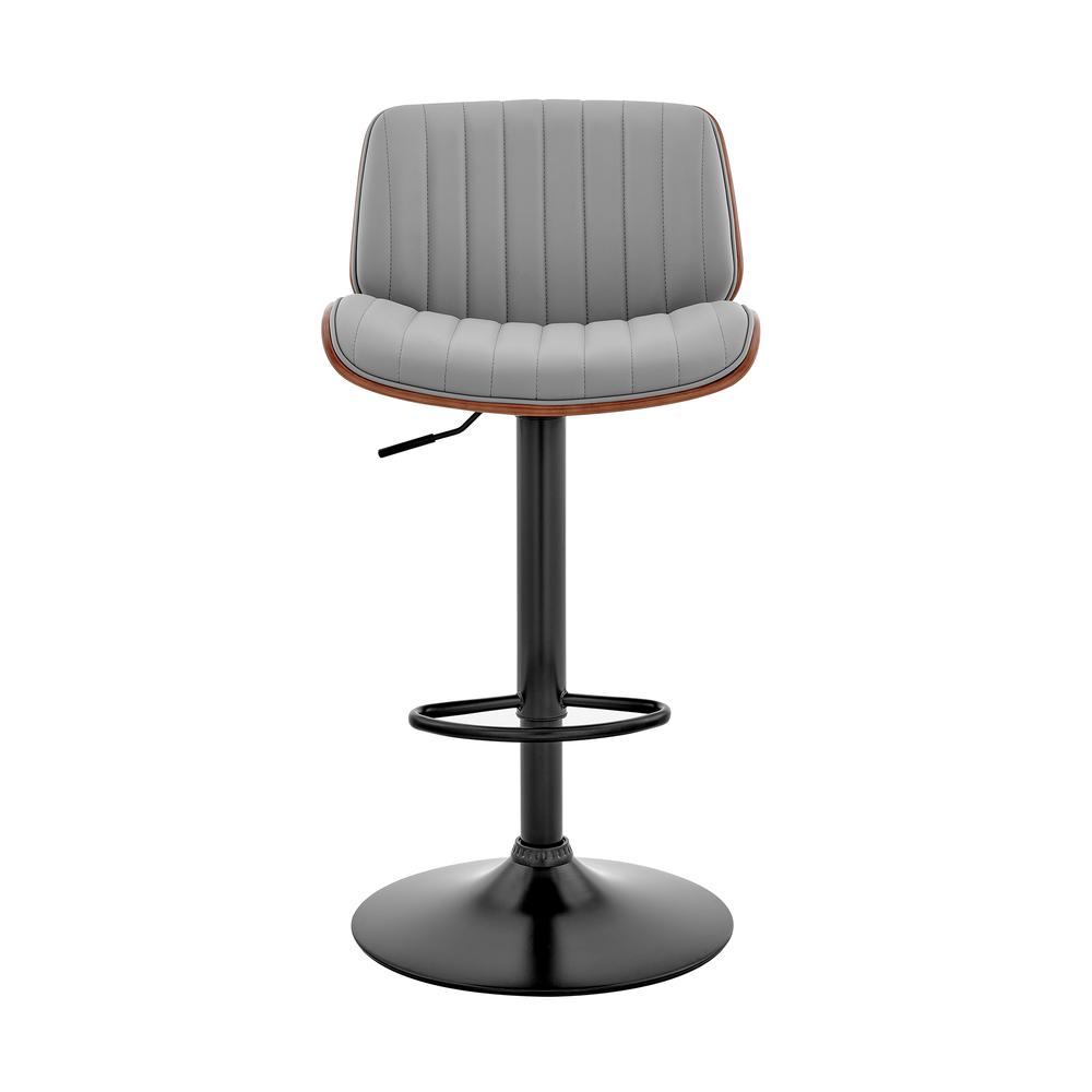 Adjustable Swivel Bar Stool with Gray Faux Leather and Walnut Wood