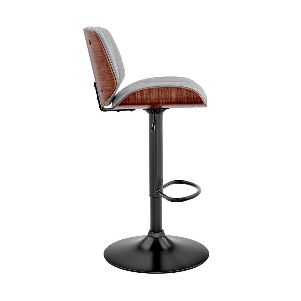 Adjustable Swivel Bar Stool with Gray Faux Leather and Walnut Wood