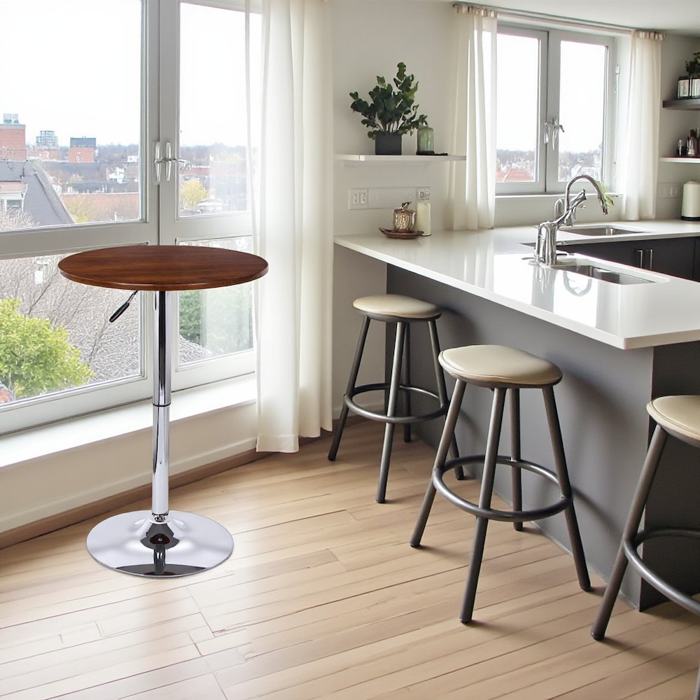 Adjustable Round Bar Table with Chrome Base and Walnut Wood Top, Silver Finish
