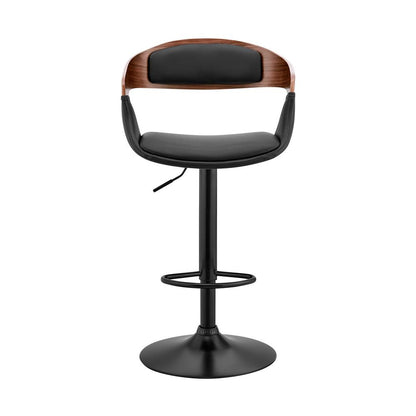 Benson Adjustable Black Faux Leather and Walnut Wood Bar Stool with Chrome Base