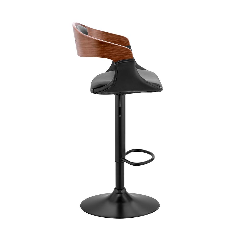 Benson Adjustable Black Faux Leather and Walnut Wood Bar Stool with Chrome Base