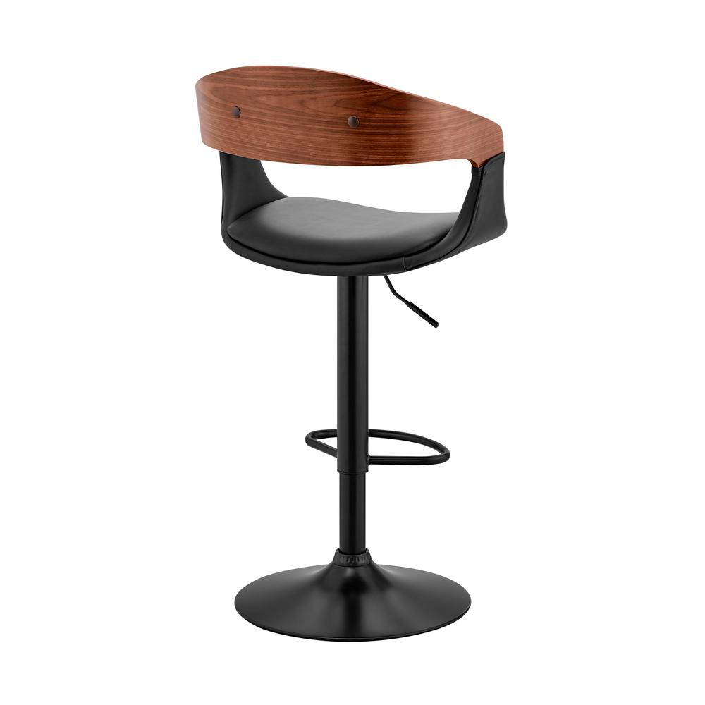 Benson Adjustable Black Faux Leather and Walnut Wood Bar Stool with Chrome Base