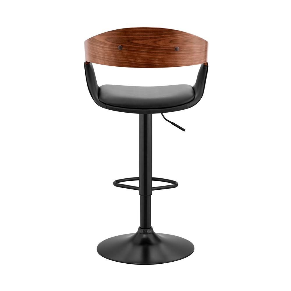 Benson Adjustable Black Faux Leather and Walnut Wood Bar Stool with Chrome Base