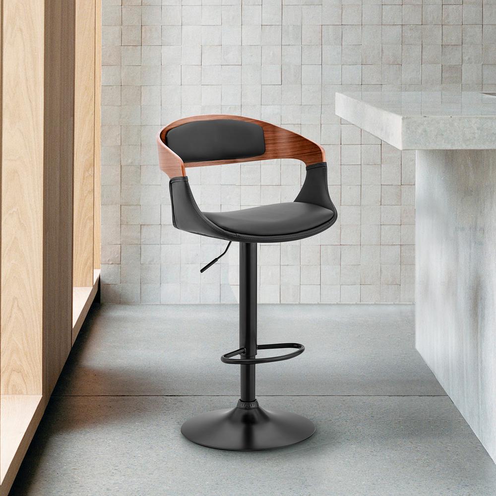 Benson Adjustable Black Faux Leather and Walnut Wood Bar Stool with Chrome Base